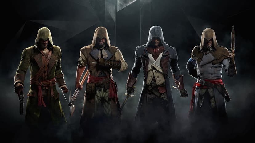 Four hooded assassins stand side-by-side in dark smoke, holding historical weapons against a black background.