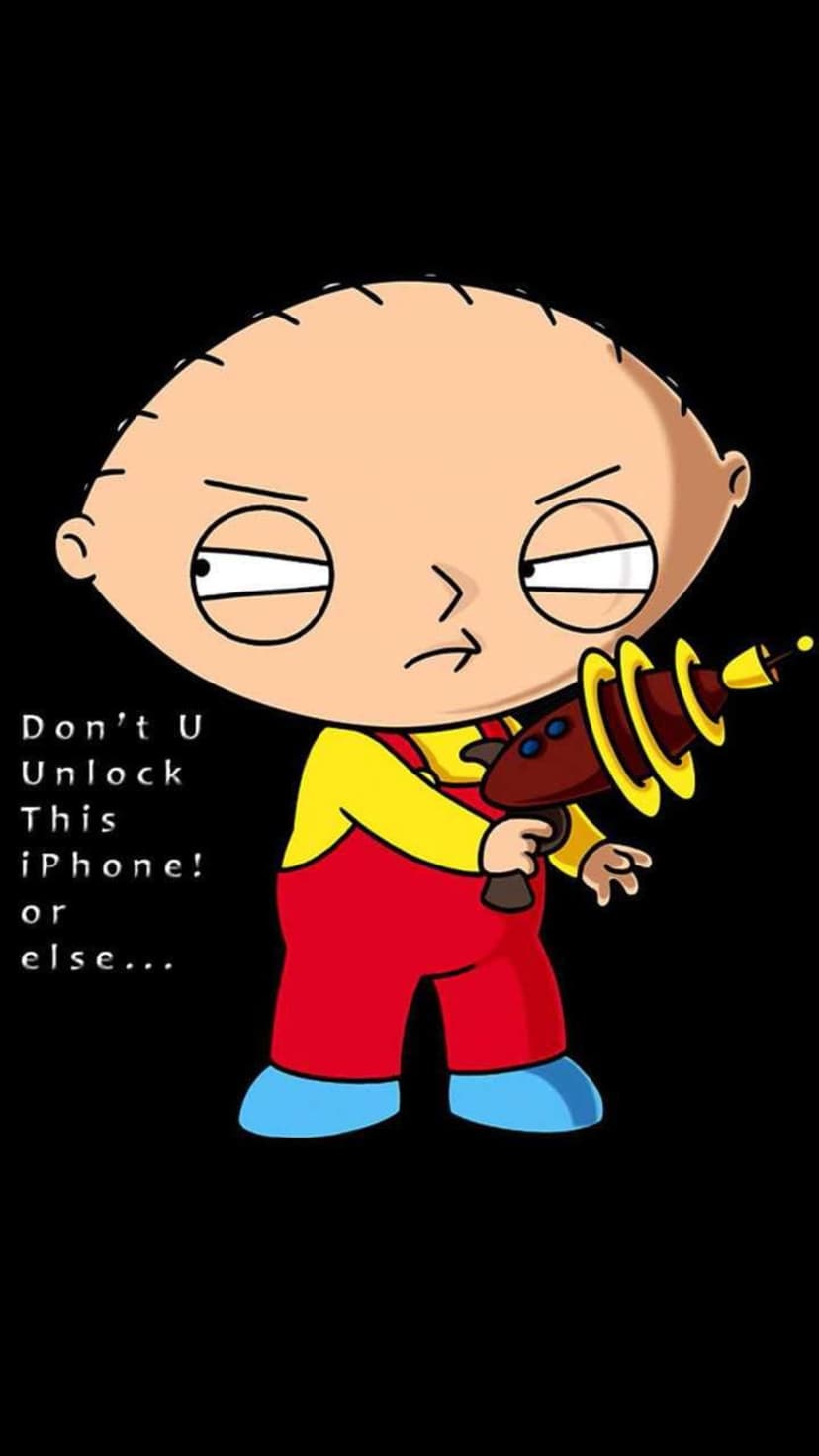Stewie Griffin scowls while holding a green ray gun against a black background with white warning text.