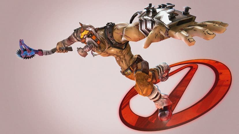 Krieg from Borderlands lunging forward with a buzz axe over a glowing orange Vault symbol background.