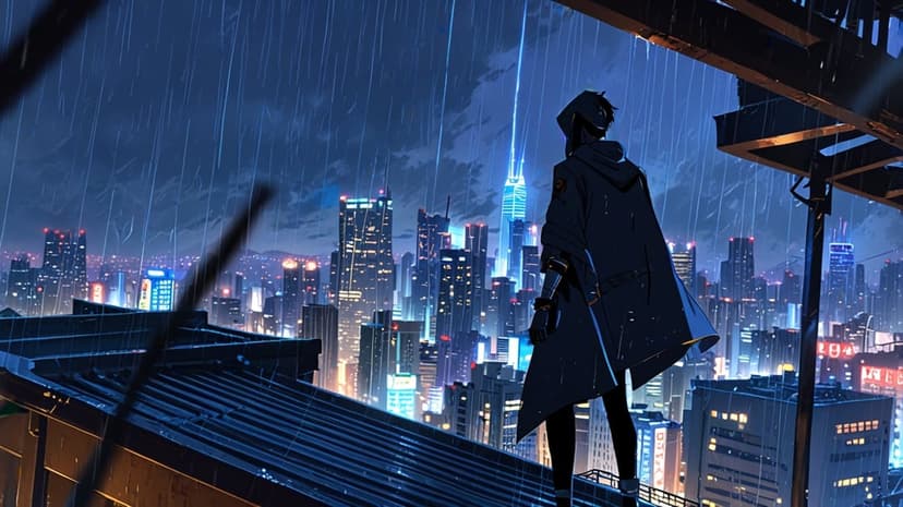 Hooded figure stands on a rooftop ledge facing a neon-lit futuristic city under falling rain and a blue beam.