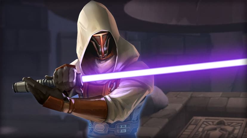 Revan in a white hood holds a glowing purple lightsaber against a dark stone background in a dramatic pose.