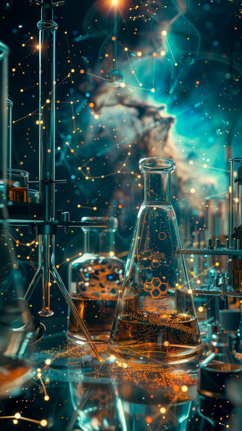Amber glowing liquid in glass flasks sits beside floating molecular bonds within a dark cosmic nebula backdrop.