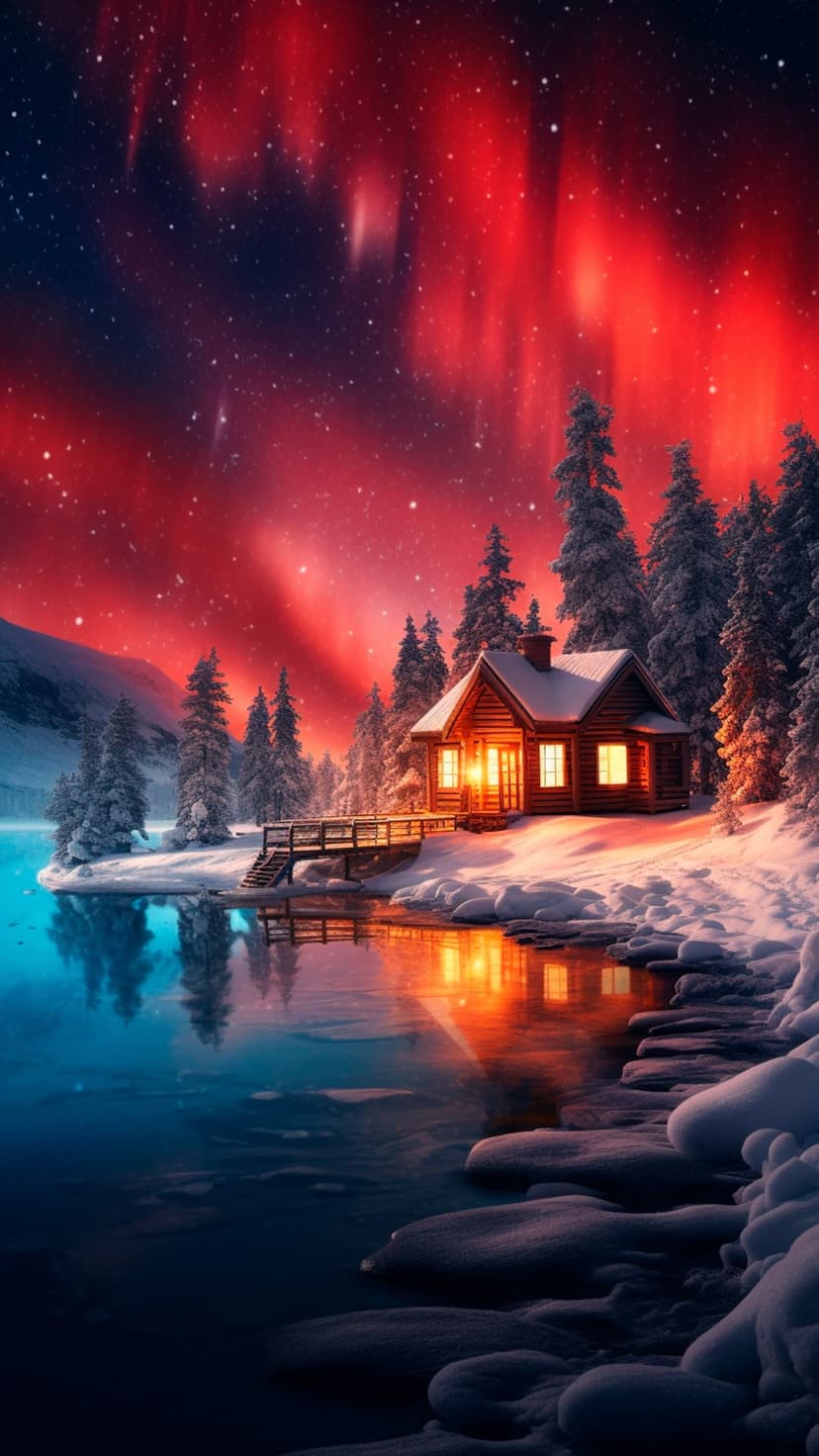 Rustic log cabin illuminated by green Northern Lights reflecting on a snowy lake surface with mountain peaks.