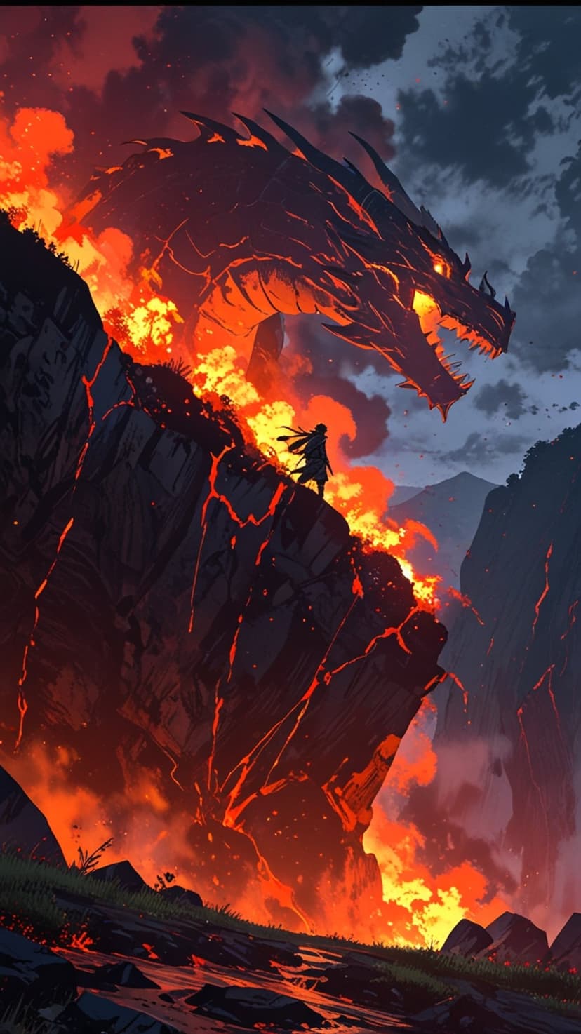 Lone human silhouette faces a massive dragon emerging from a pool of glowing orange lava on a dark cliff.