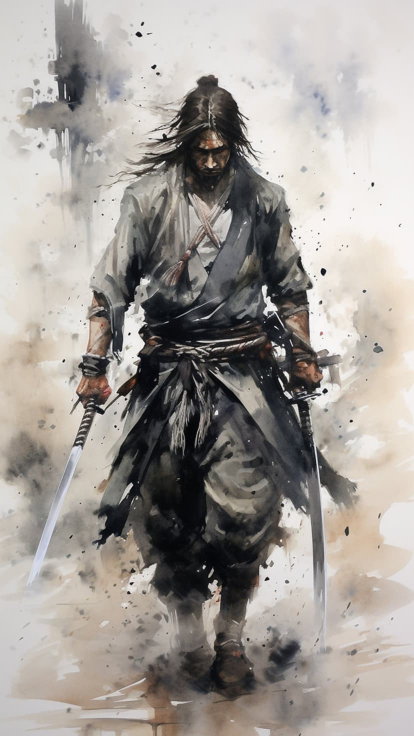 Lone samurai in traditional robes grips two katanas amidst blurred ink washes and a soft gray atmosphere.