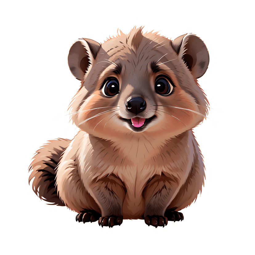 Quokka sticker illustration with fluffy brown fur and a white outline sitting in a front-facing pose.