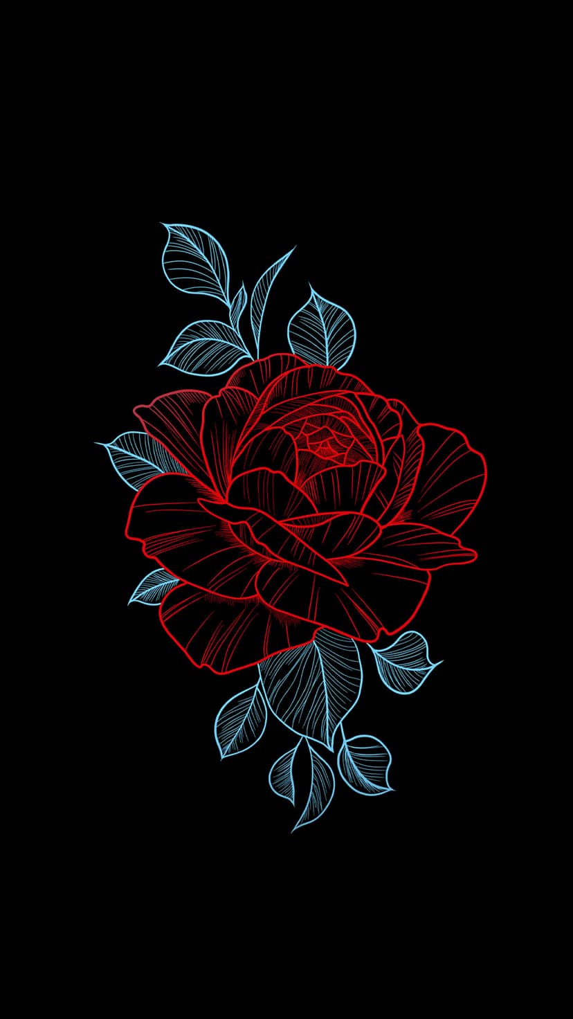 Red rose with glowing outlines and light blue leaves centered on a solid black background in vertical view.