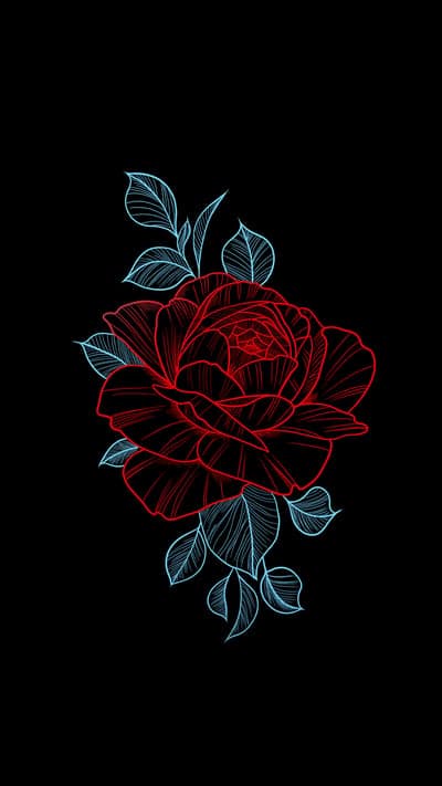 Neon Blossom - Red Rose Outline on Black