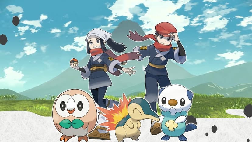 Rei, Akari, Rowlet, Cyndaquil, and Oshawott stand in a grassy field before Mount Coronet under a blue sky.