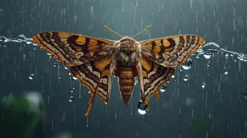 Moth with orange and brown patterned wings clings to a thin wire while heavy raindrops fall in the background.