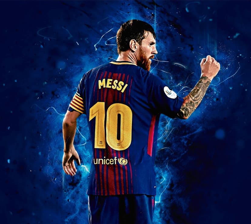 Lionel Messi in a Barcelona number ten jersey stands against a smoky blue background with bright glowing light.