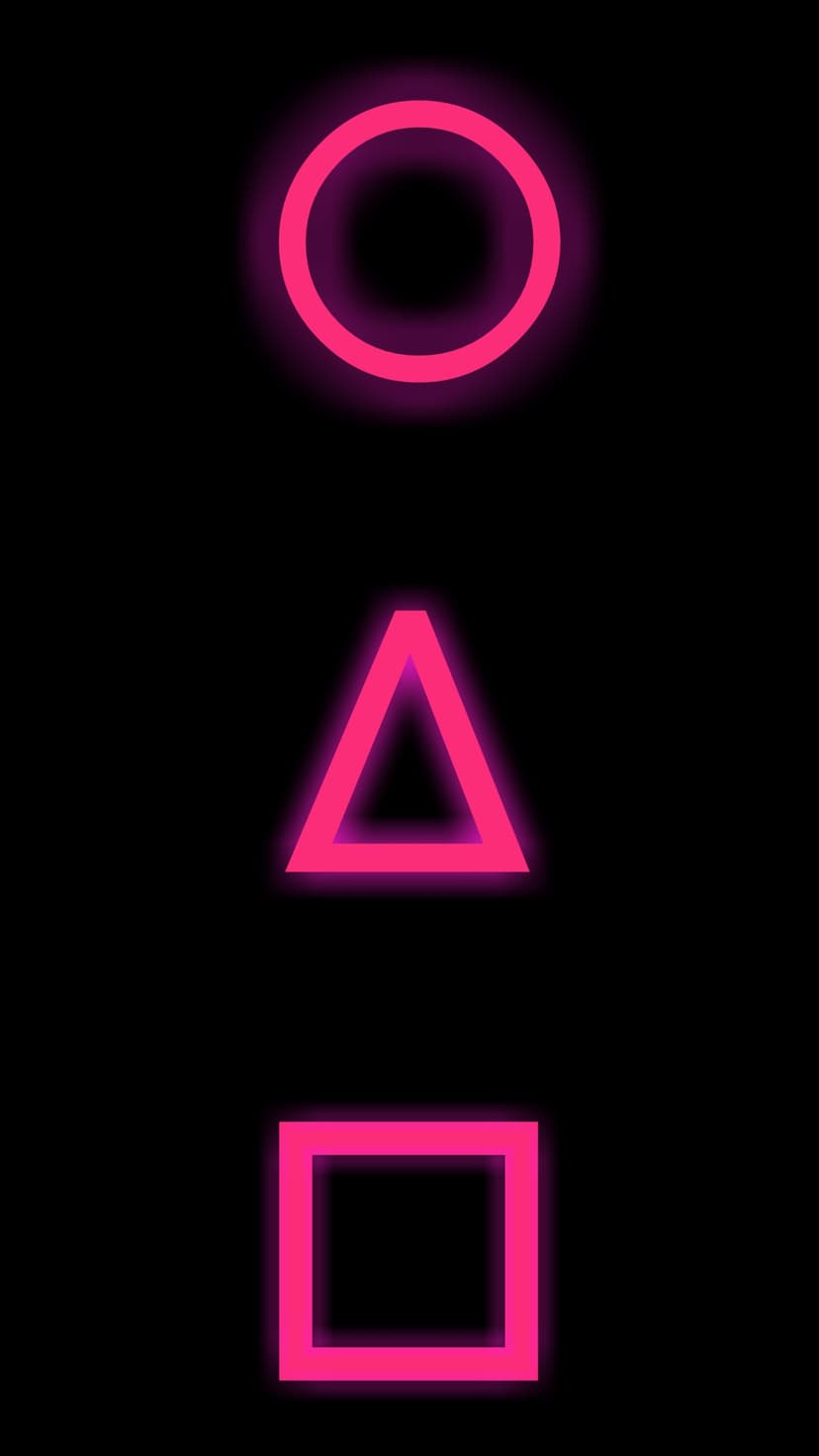 Neon pink circle, triangle, and square shapes stacked vertically on a solid black background with a soft glow.