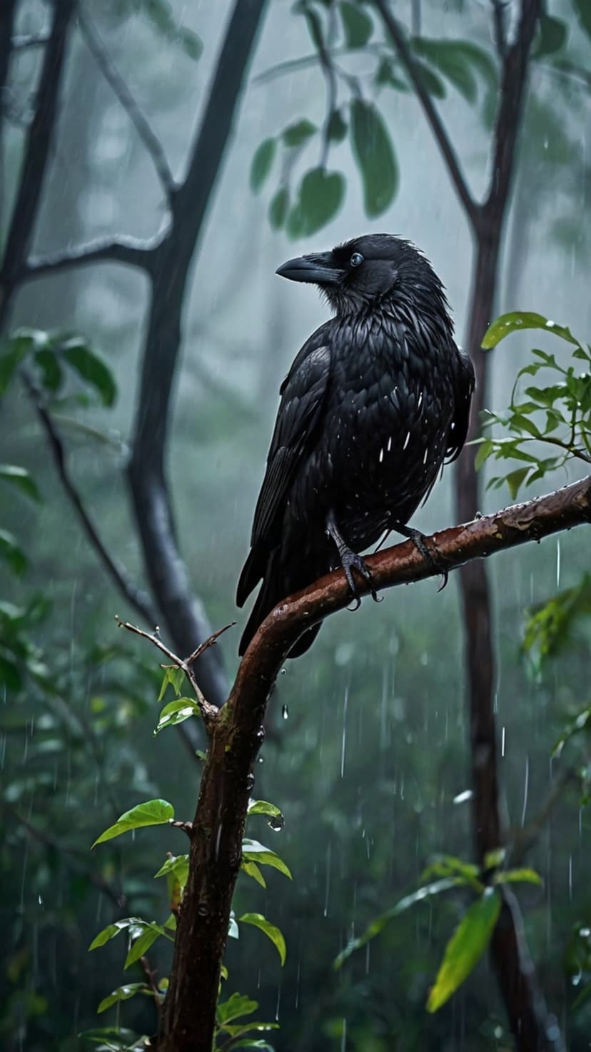 Raven with wet black feathers perches on a branch during rainfall in a misty, green forest environment.