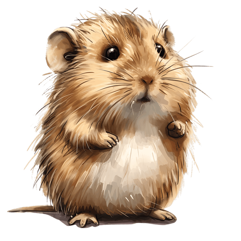 Gerbil digital painting with brown fur standing upright against a black background with prominent whiskers.