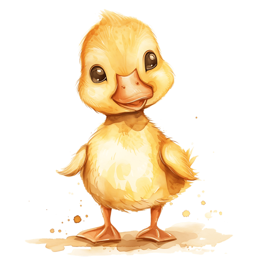 Yellow duckling watercolor illustration with fluffy feathers standing on sand with scattered water droplets.