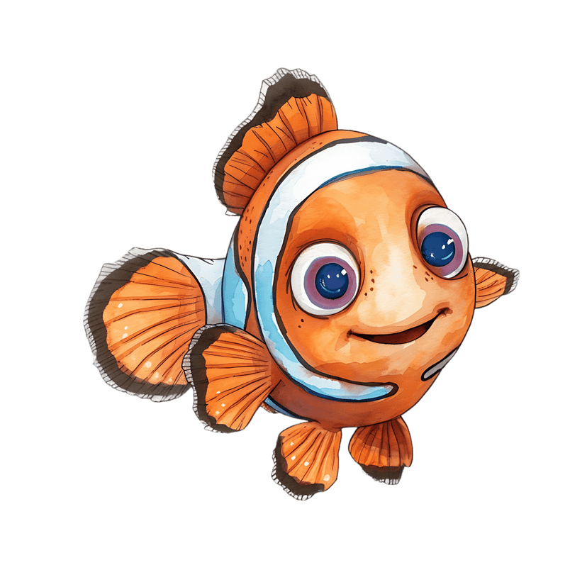 Clownfish watercolor illustration featuring orange stripes and blue eyes with translucent fan-like fins.