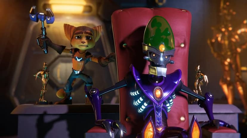 Ratchet with an OmniWrench sneaking behind Emperor Nefarious on a red throne in a cinematic sci-fi throne room.