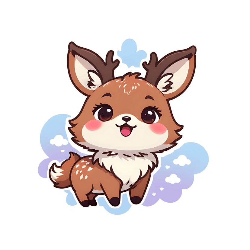 Brown fawn sticker illustration featuring a spotted deer sitting among blue and purple clouds with glossy eyes.