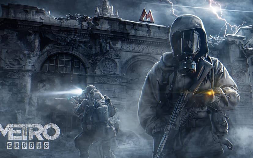 Soldier in a gas mask holding a rifle in front of a ruined metro station with lightning and fog.