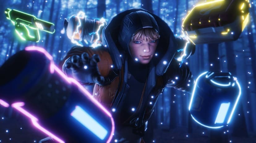 Wattson from Apex Legends reaching forward in a dark forest surrounded by glowing neon items and blue sparks.