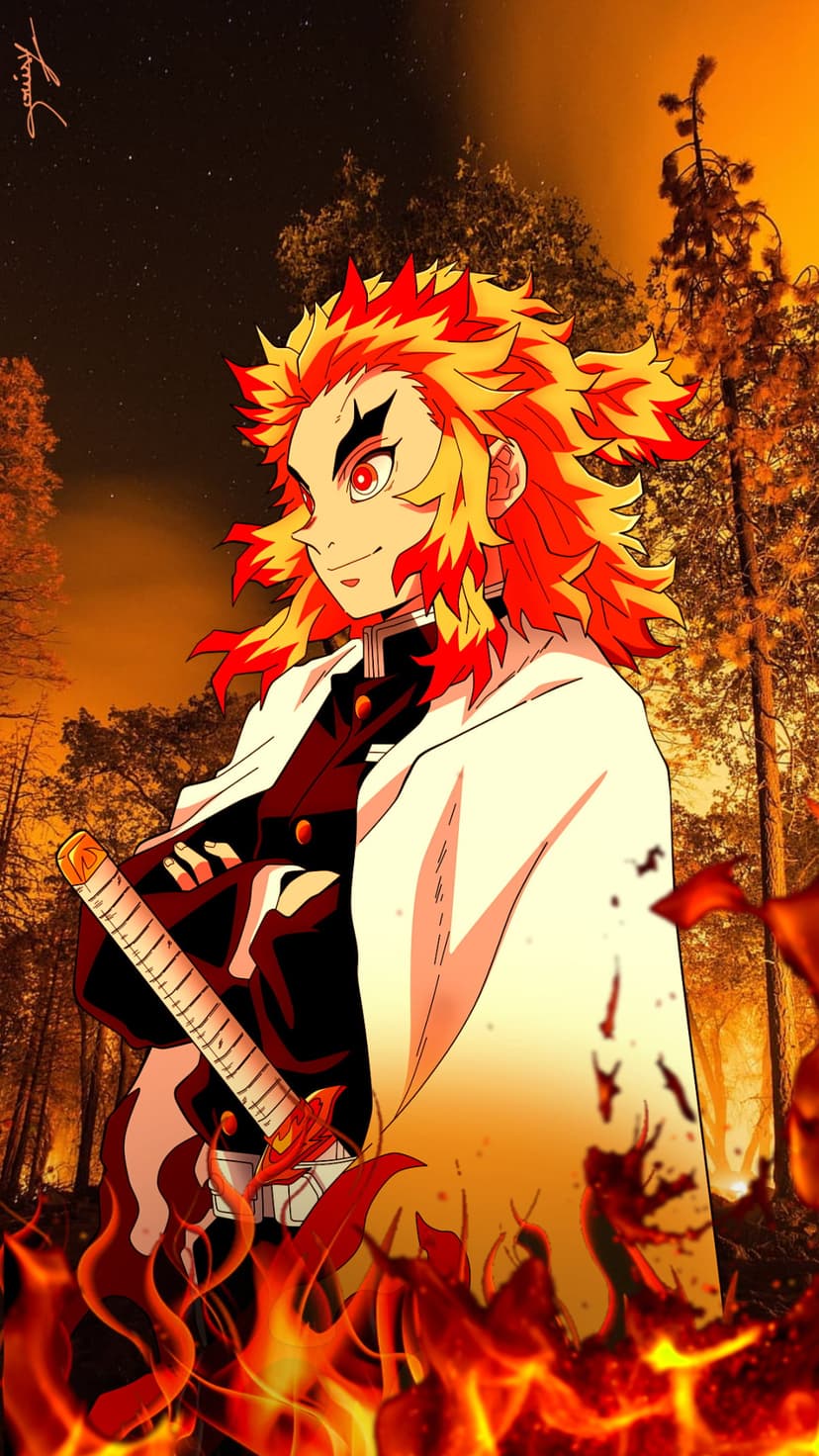 Kyojuro Rengoku grips a katana while standing before flaming trees under a dark orange and blue evening sky.
