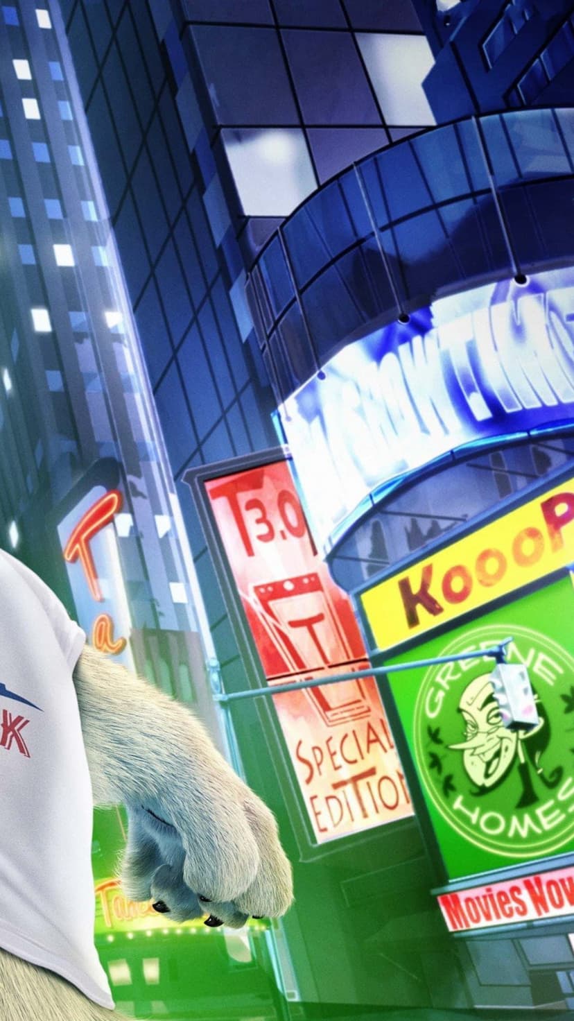 Polar bear arm in a white shirt stands before a nocturnal city filled with glowing neon signs and tall glass towers.