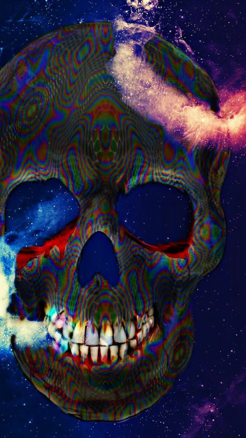 Human skull silhouette formed by glowing purple and blue nebula gases amidst a field of distant stars.