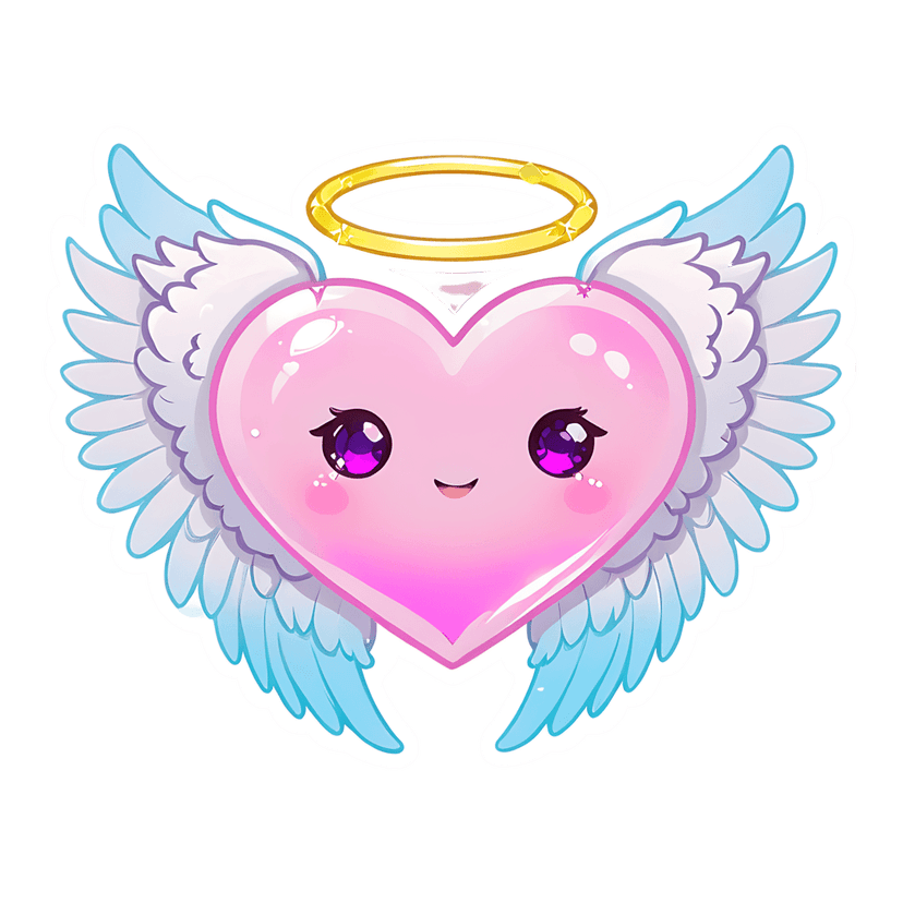 Pink heart winged sticker character with a golden halo, large purple eyes, and white feathered wings.