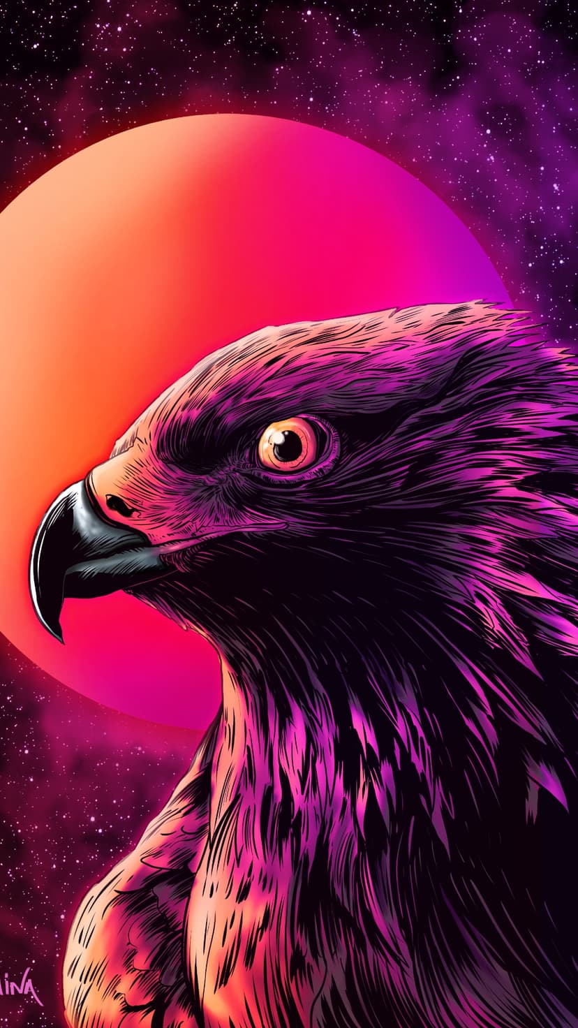 Neon eagle head with purple and orange feathers profiles a large glowing planet and a starry cosmic nebula sky.