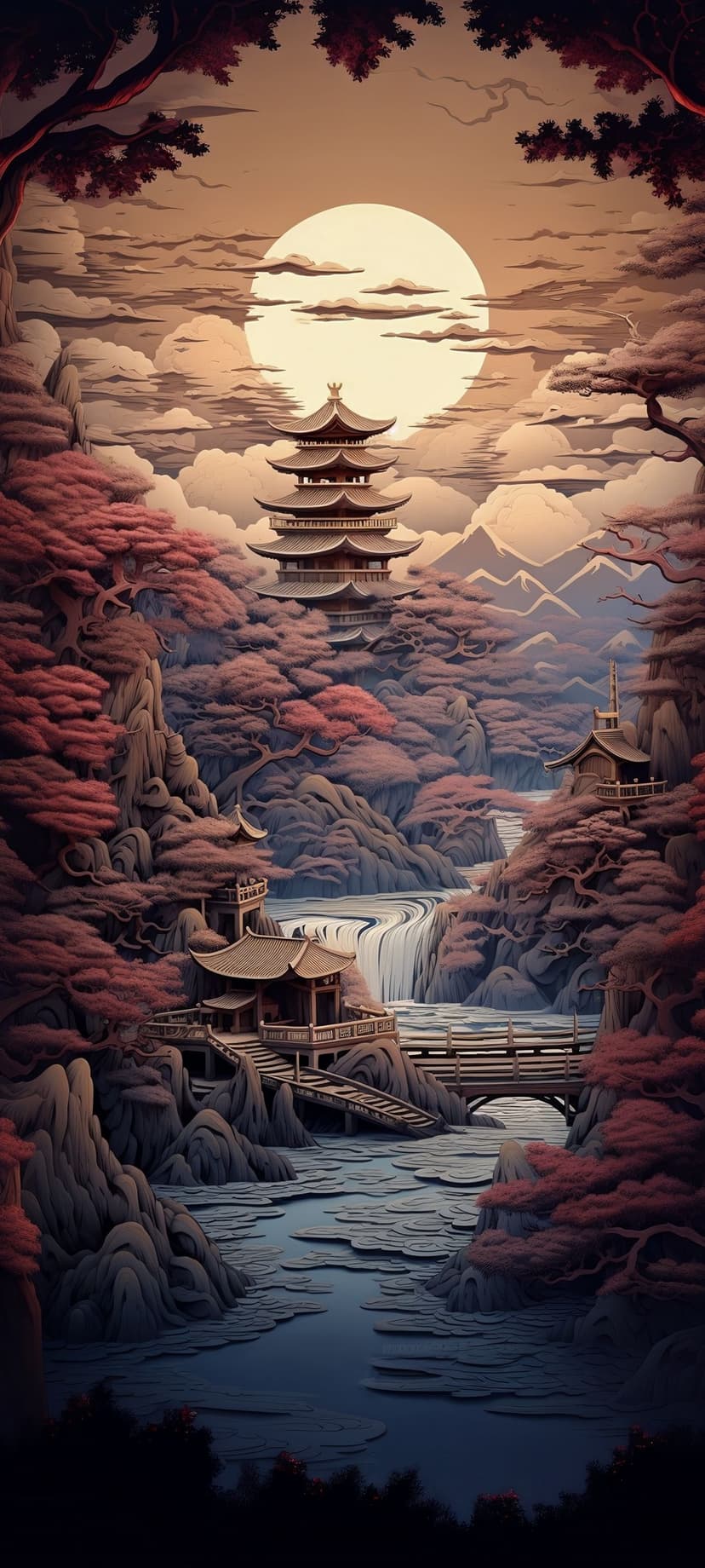 Multi-tiered pagoda near a waterfall and red trees under a large full moon in a misty mountain landscape.