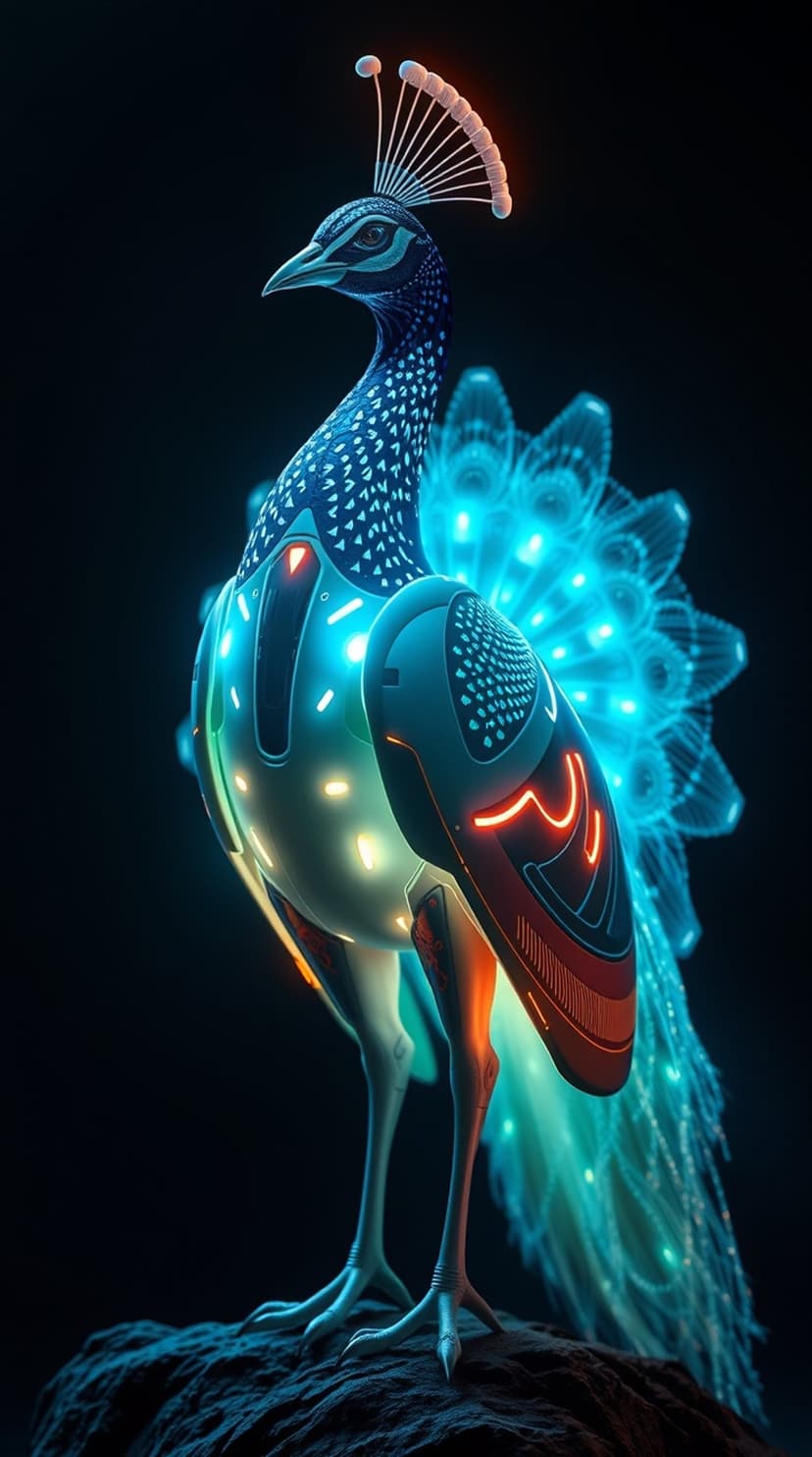 Robotic peacock with glowing orange circuits and blue iridescent tail feathers standing on dark jagged rocks.