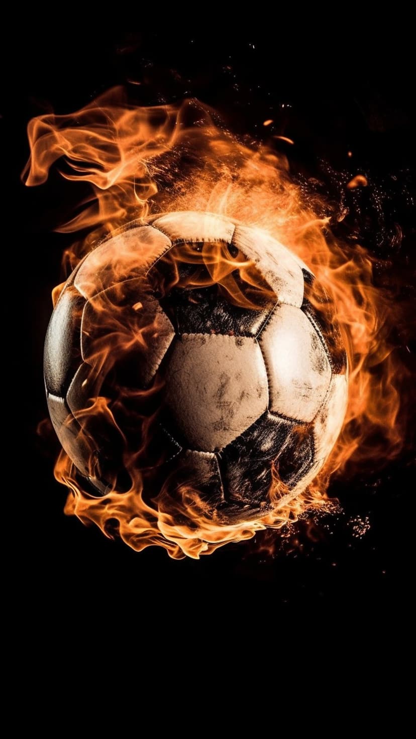 Soccer ball engulfed in roaring orange flames and glowing embers set against a high-contrast black background.