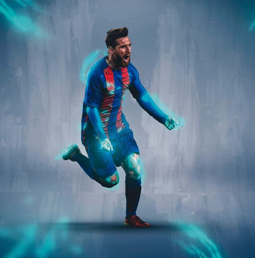 Lionel Messi sprints with focused intensity as blue electric energy arcs from his hands and feet against gray.