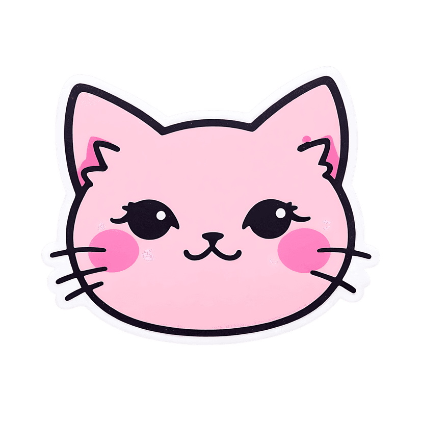 Pink cat sticker graphic with large black eyes and circular blush cheeks against a clean white border outline.