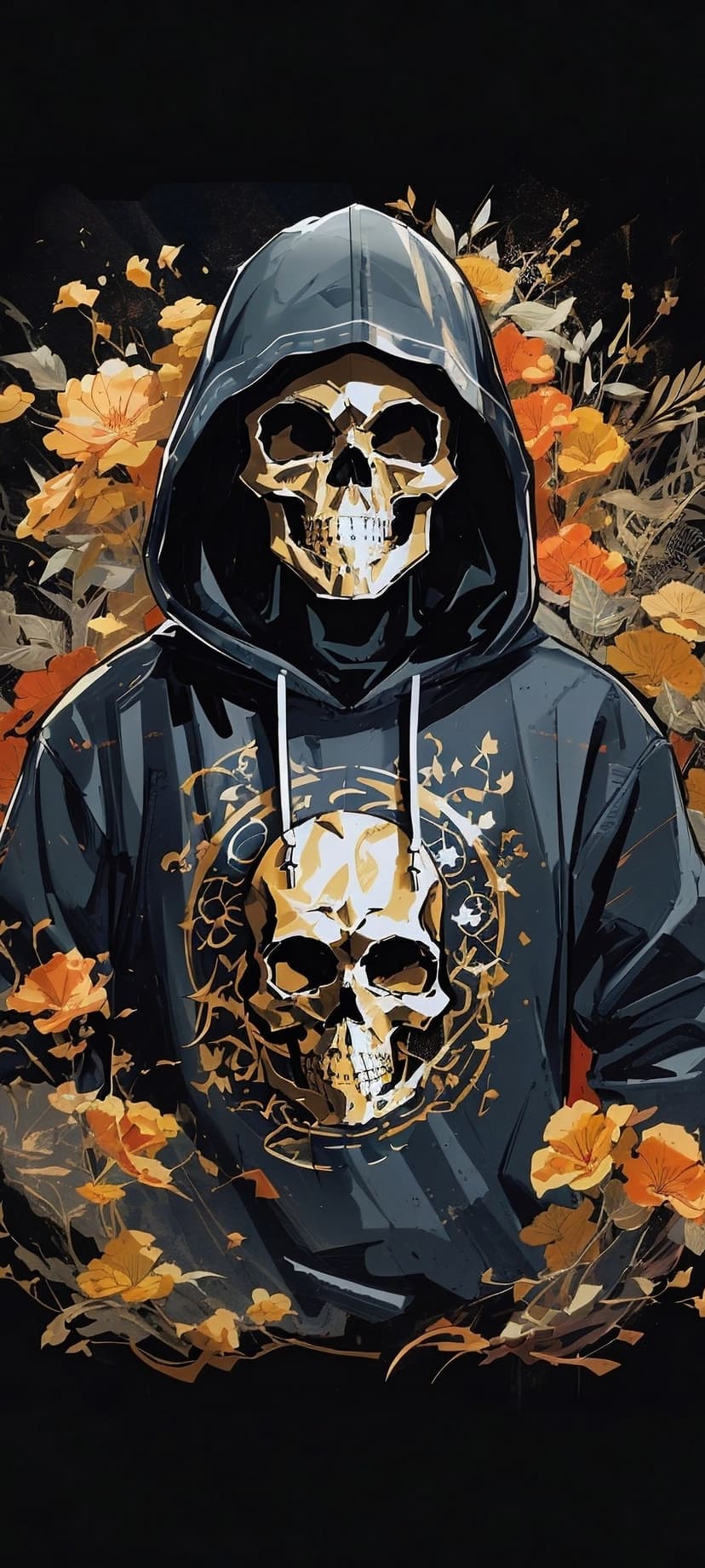 Skeletal figure wearing a dark hoodie with a golden skull emblem surrounded by bright orange and yellow flowers.