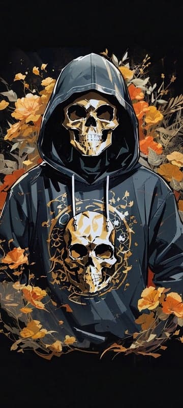 Grim Reaper Skeleton Hoodie with Orange Flowers Art