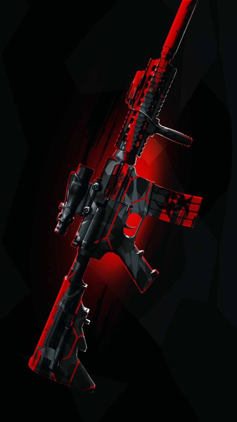 Tactical futuristic rifle with glowing red stripes and geometric patterns against a dark shadowed background.