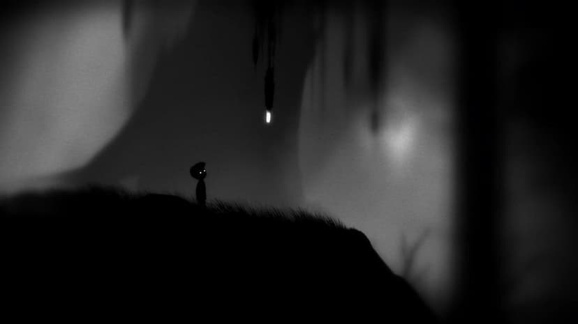 Silhouette of a boy with glowing eyes on a dark grassy ridge under a hanging light in a misty gray forest.