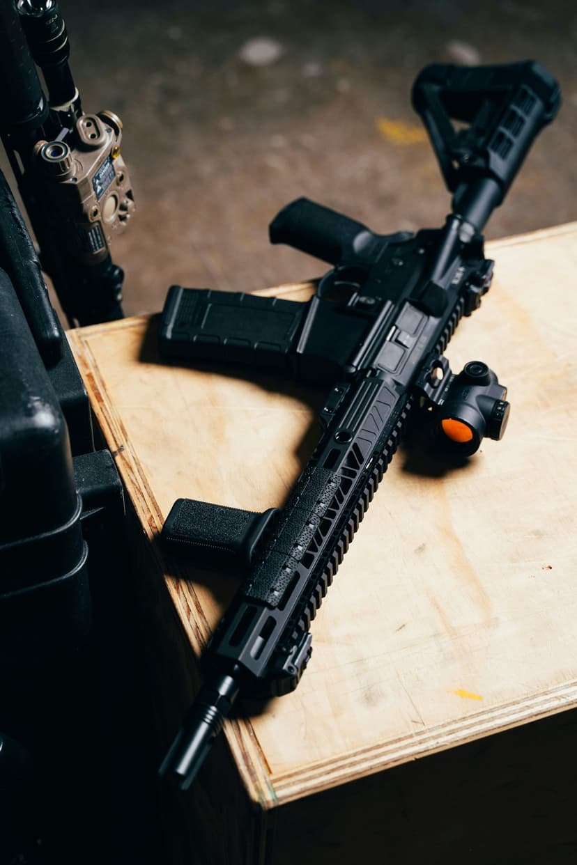 Black tactical rifle with a red dot sight and vertical grip rests on a textured light wood surface in dim light.