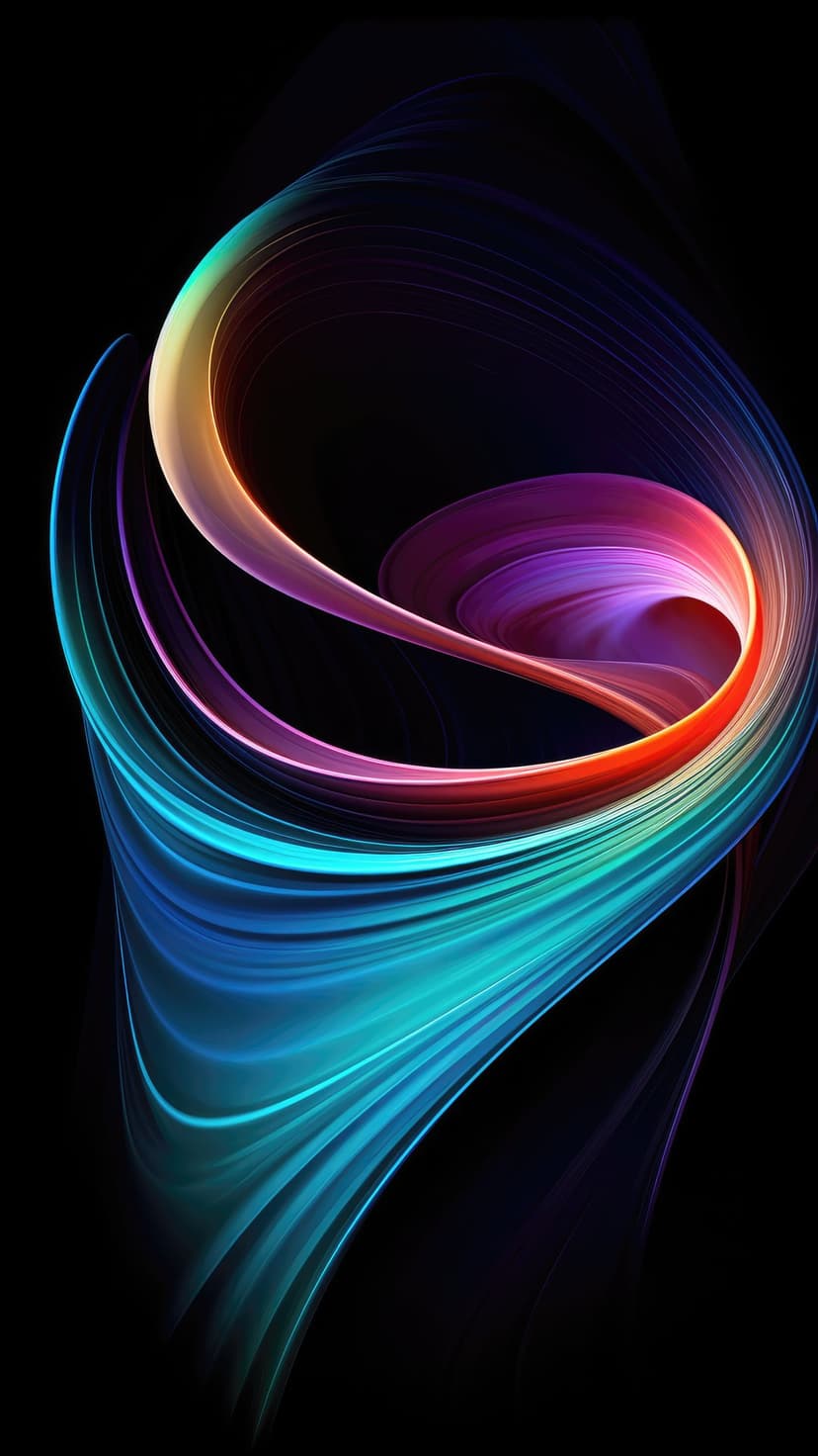 Intertwining neon blue, purple, and green light trails spiral against a solid black backdrop in a fluid motion.