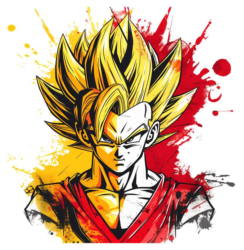 Anime warrior with spiky yellow hair features intense facial expressions and muscular build against transparency.