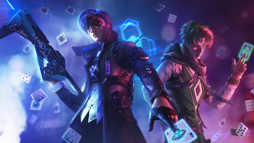 Two masked game characters with a futuristic gun and glowing cards amidst floating cards in a neon blue scene.