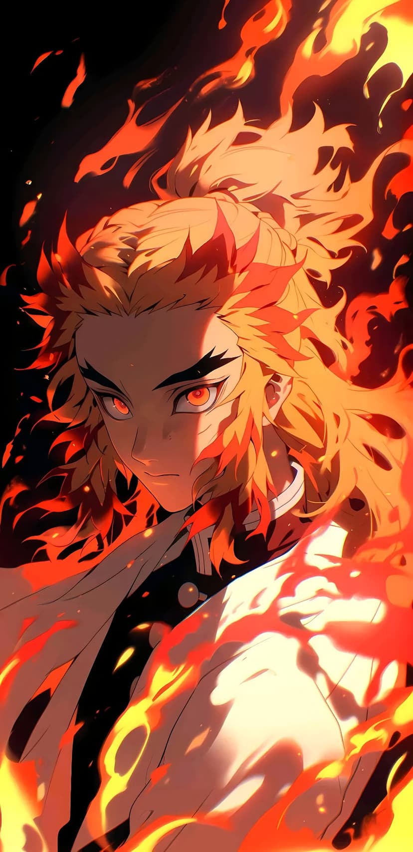 Kyojuro Rengoku stands amidst swirling red and orange flames with an intense gaze and flowing yellow hair.