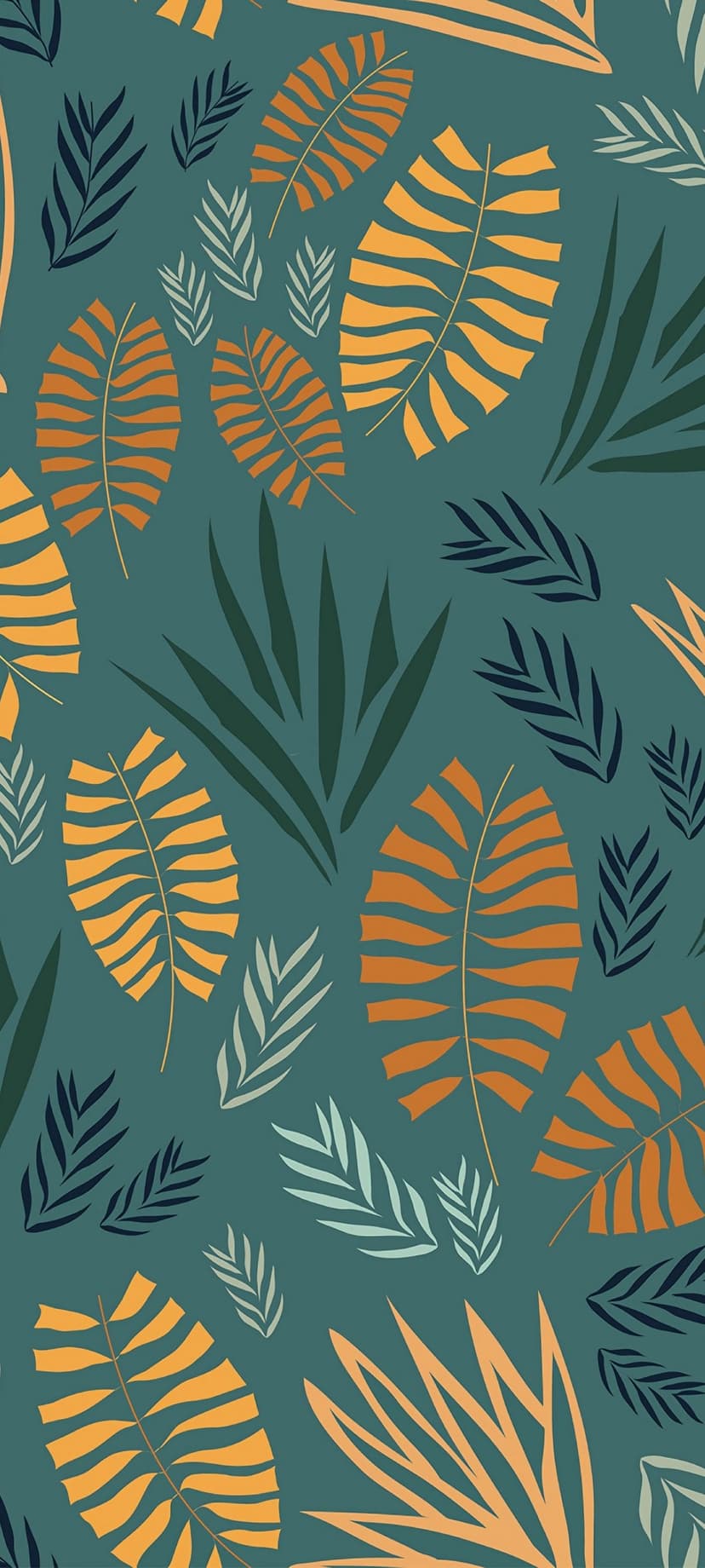 Orange and green tropical leaves overlap across a deep teal background in a seamless botanical pattern.