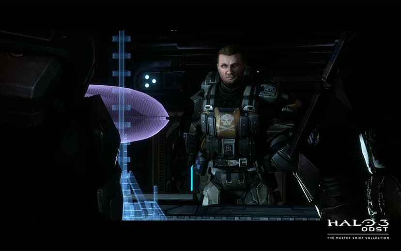 Sergeant Buck in dark ODST armor standing behind a purple holographic tactical map in a sci-fi room.