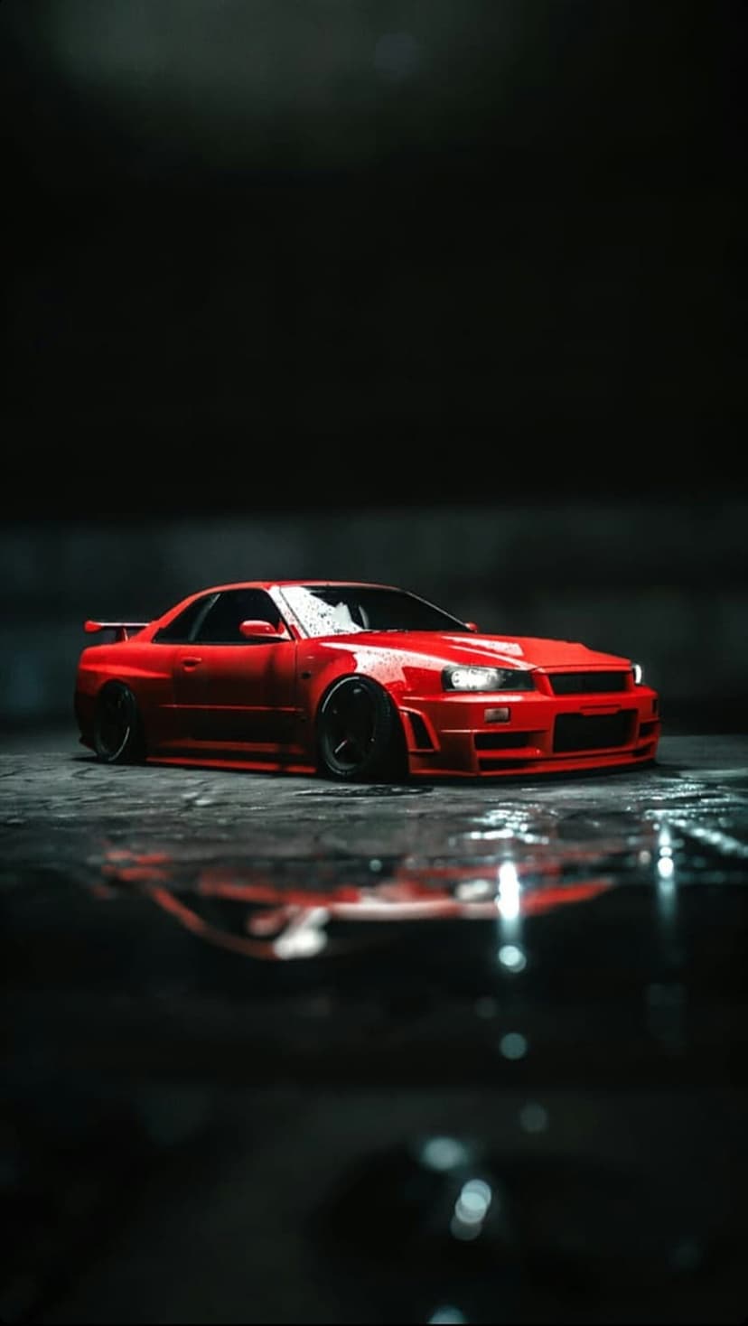 Red Nissan Skyline R34 GT-R sports car parked on dark wet asphalt with bright headlight reflections and a low angle.