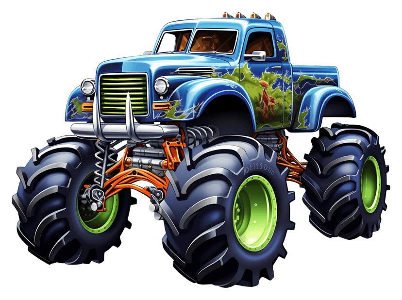 Blue monster truck with massive black tires and a lifted suspension shown from a dynamic front perspective.