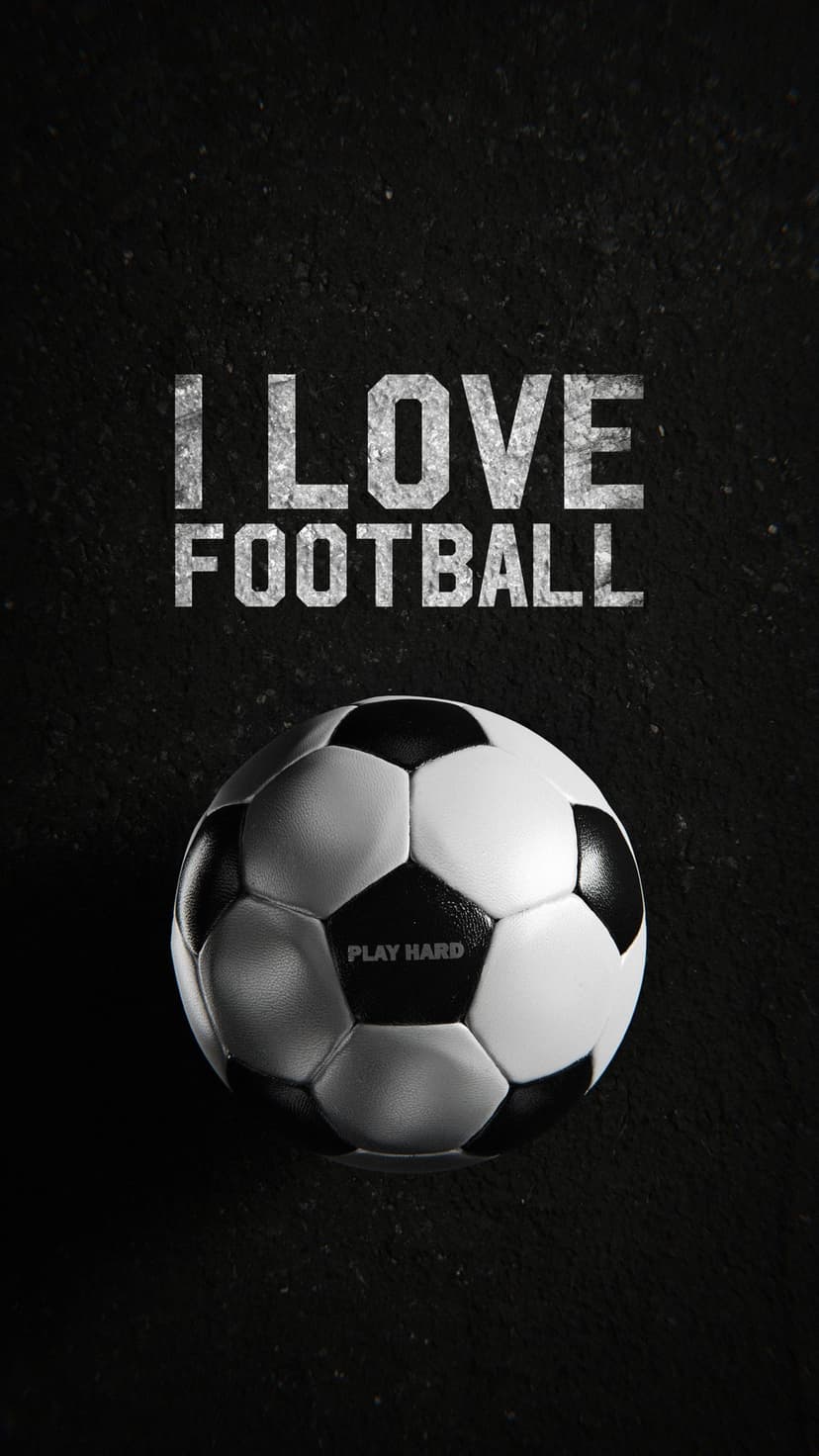 Soccer ball with Play Hard text rests below distressed silver lettering on a dark, textured vertical background.
