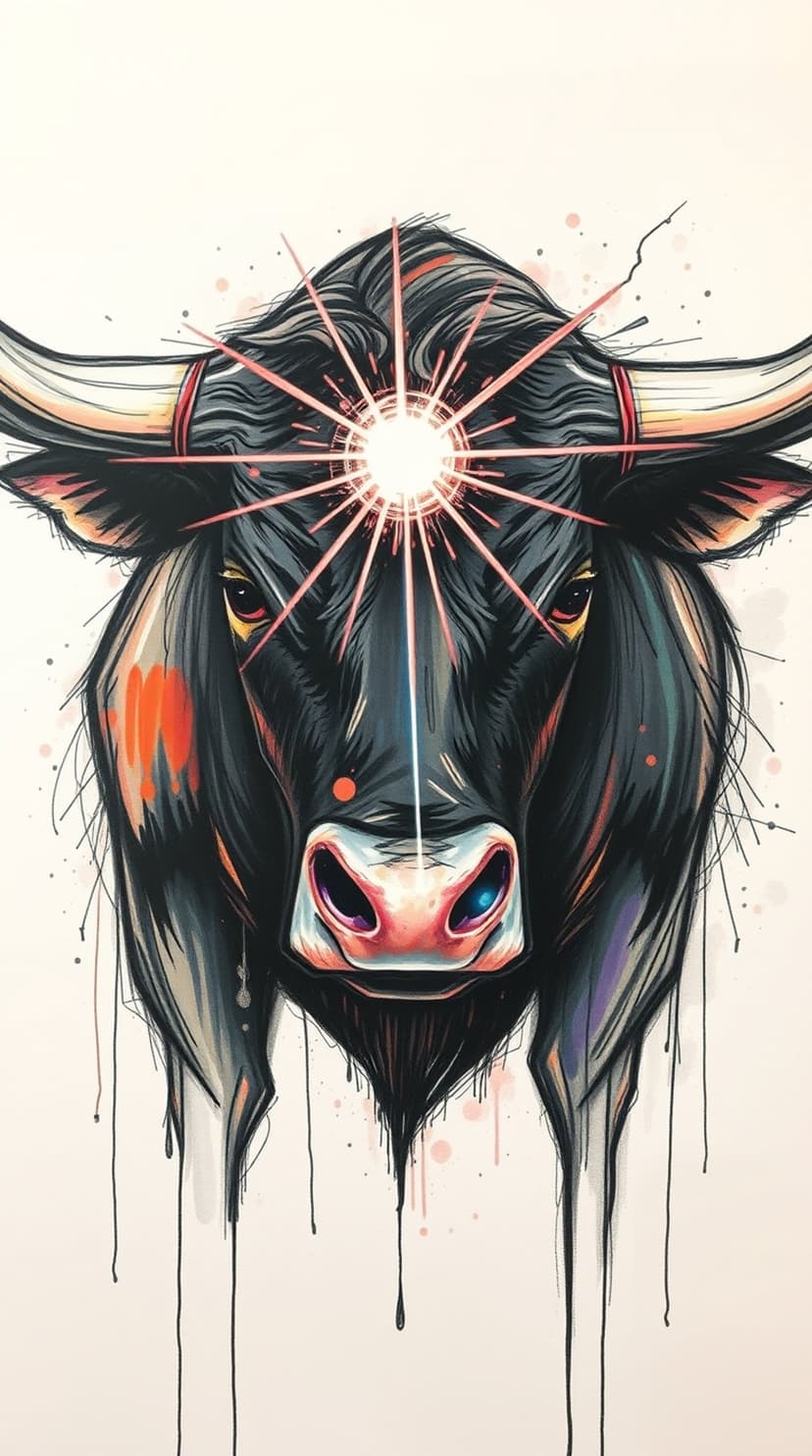 Black bull head with glowing red horns, a white starburst on its forehead, and colorful dripping paint splashes.