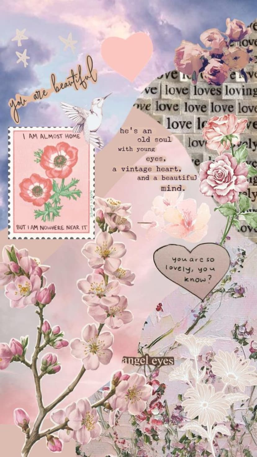 Pink peonies and a hummingbird surround a pastel heart and vintage script against a textured sky background.